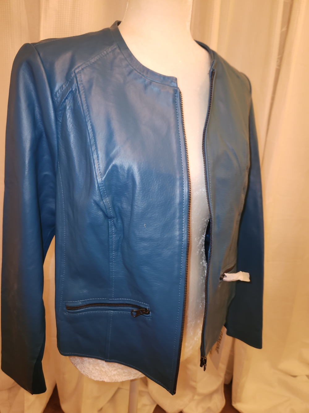 New JESSICA LONDON - Women’s Teal-Blue Leather Zip Jacket